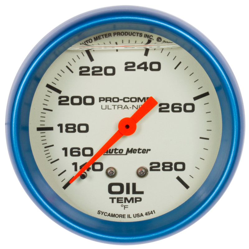 AutoMeter Gauge Oil Temp 2-5/8in. 140-280 Deg. F Liquid Filled Mech Glow In Dark Ultra-Nite 4241