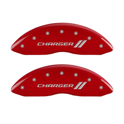 MGP 4 Caliper Covers Engraved Front & Rear With stripes/Charger Red finish silver ch - eliteracefab.com