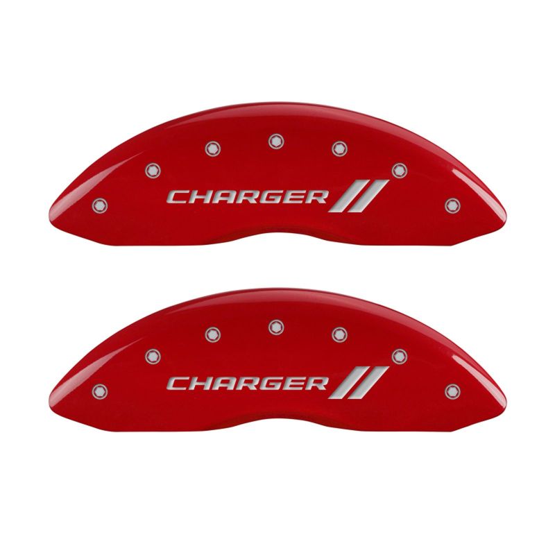 MGP 4 Caliper Covers Engraved Front & Rear With stripes/Charger Red finish silver ch - eliteracefab.com