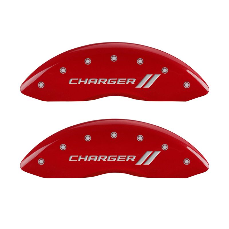 MGP 4 Caliper Covers Engraved Front & Rear With stripes/Charger Red finish silver ch - eliteracefab.com