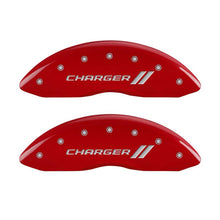 Load image into Gallery viewer, MGP 4 Caliper Covers Engraved Front &amp; Rear With stripes/Charger Red finish silver ch - eliteracefab.com
