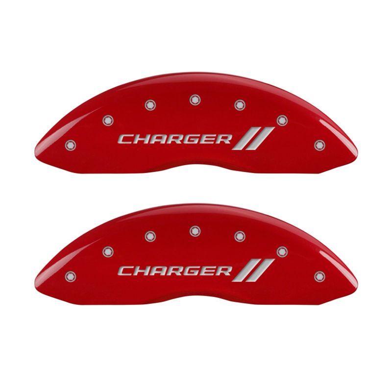 MGP 4 Caliper Covers Engraved Front & Rear With stripes/Charger Red finish silver ch MGP