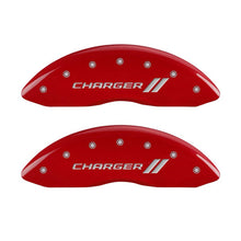 Load image into Gallery viewer, MGP 4 Caliper Covers Engraved Front &amp; Rear With stripes/Charger Red finish silver ch MGP