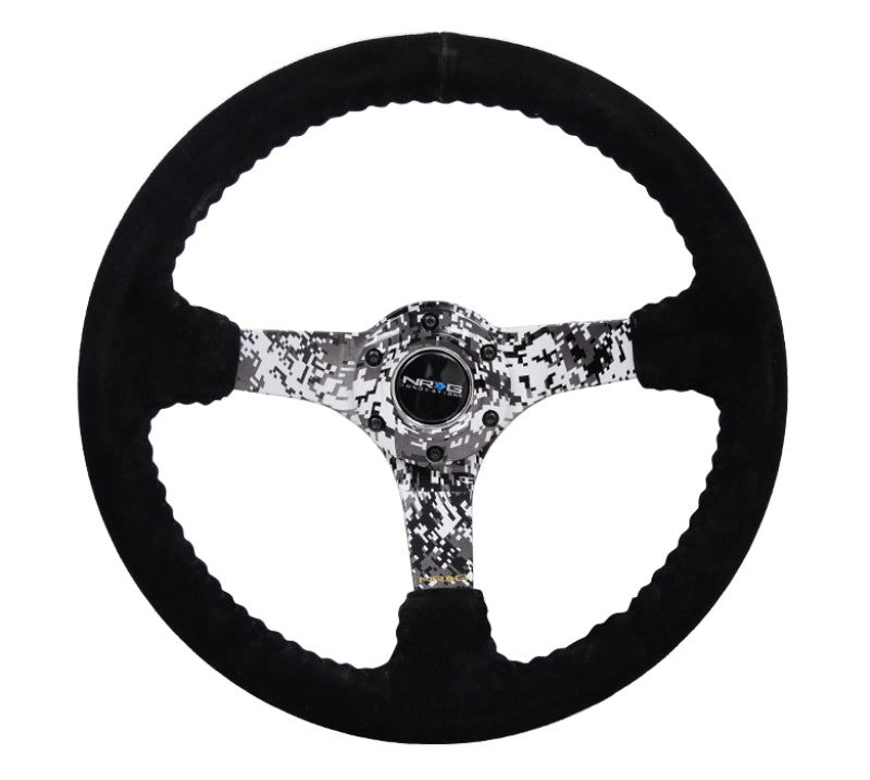 NRG Reinforced Sport Steering Wheel 350mm 3 Inch Deep Hydro Dipped Digital Camo 5mm spoke Black Suede Black Baseball Stitching - eliteracefab.com