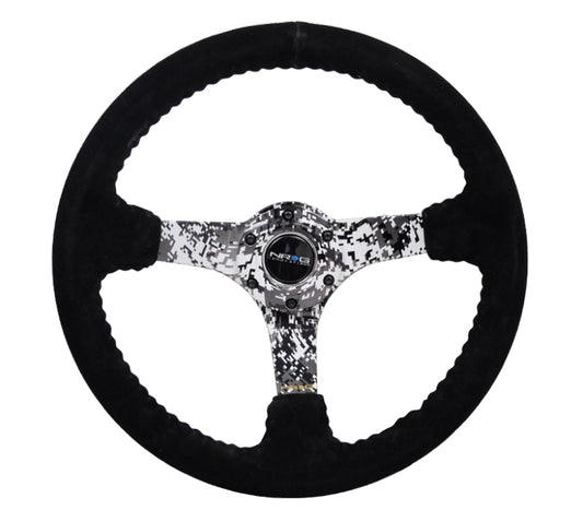 NRG Reinforced Sport Steering Wheel 350mm 3 Inch Deep Hydro Dipped Digital Camo 5mm spoke Black Suede Black Baseball Stitching - eliteracefab.com