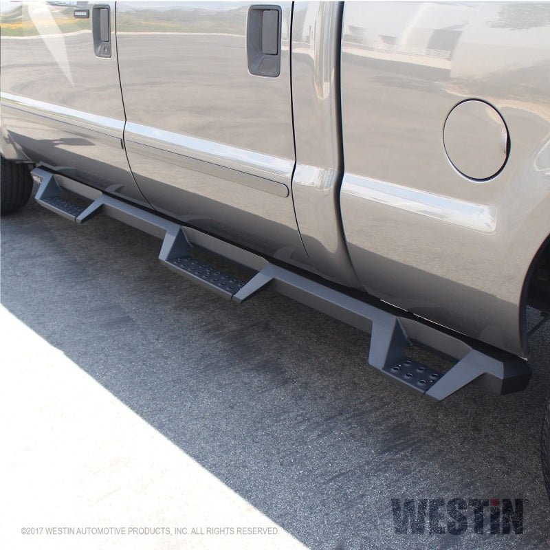 Westin 99-16 Ford F-250/350/450/550 CC (6.75ft Bed) HDX Drop Whl to Whl Nerf Step Bars - Text Blk - eliteracefab.com