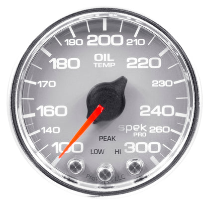Autometer Spek-Pro Gauge Oil Temp 2 1/16in 300f Stepper Motor W/Peak & Warn Slvr/Chrm P32221