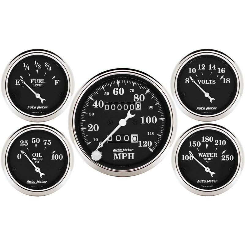 Auto Meter Gauge Kit 5 pc. 3 1/8in & 2 1/16in Mechanical Speedometer Old Tyme Black 1708