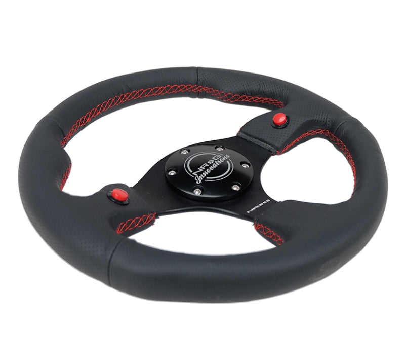 NRG Reinforced Sport Steering Wheel 320mm Dual Button Black Spoke Black Leather - eliteracefab.com