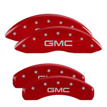 Load image into Gallery viewer, MGP 4 Caliper Covers Engraved Front &amp; Rear GMC Red Finish Silver Char 2019 GMC Sierra 1500 - eliteracefab.com