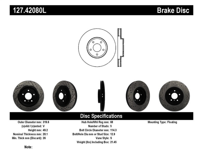 STOPTECH 06-07 350Z / 05-07 G35 EXP SPORT/ 06-07 G35X SPORTSTOP SLOTTED & DRILLED FRONT LEFT ROTOR, 127.42080L - eliteracefab.com