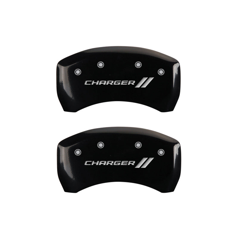 MGP 4 Caliper Covers Engraved Front & Rear With stripes/Charger Black finish silver ch MGP