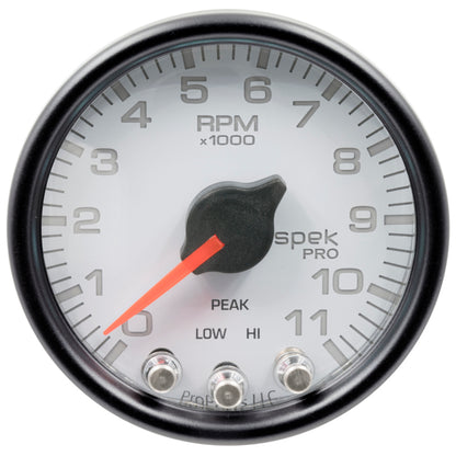 Autometer Spek-Pro Gauge Tach 2 1/16in 11K Rpm W/ Shift Light & Peak Mem Wht/Blk P33612