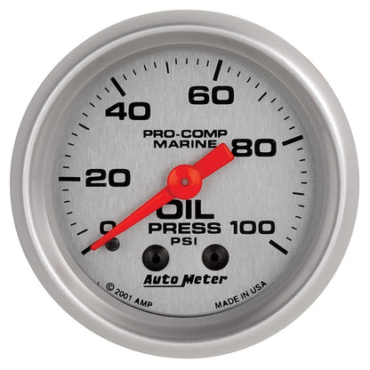 Autometer Marine Silver Oil Pressure 2 1/16in 100 psi Mechanical Gauge 200790-33