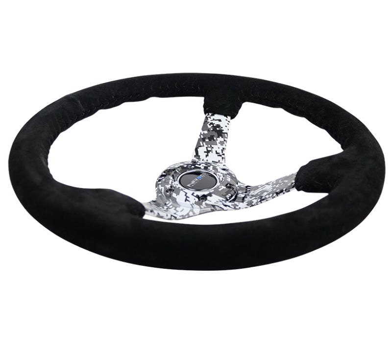 NRG Reinforced Sport Steering Wheel 350mm 3 Inch Deep Hydro Dipped Digital Camo 5mm spoke Black Suede Black Baseball Stitching - eliteracefab.com