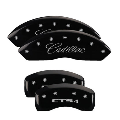 MGP 4 Caliper Covers Engraved Front Cursive/Cadillac Engraved Rear CTS4 Black finish silver ch MGP
