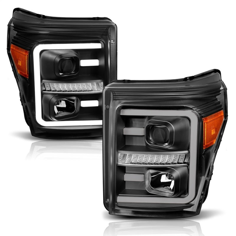 ANZO 2011-2016 Ford F250 Projector Headlights w/ Plank Style Switchback Black w/ Amber - eliteracefab.com