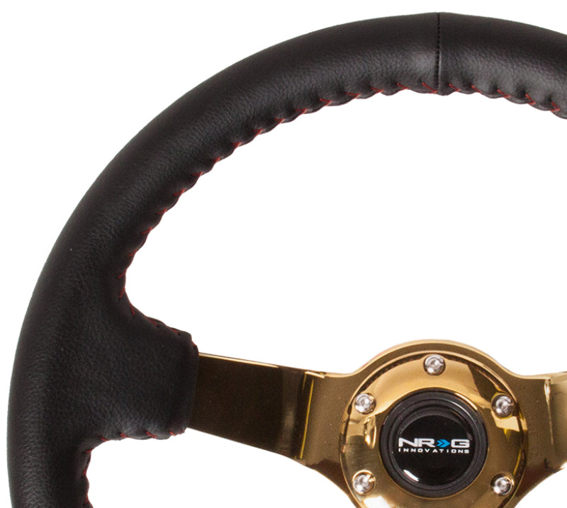 NRG Reinforced Sport Steering Wheel 350mm 3 Inch Deep black Suede with red Baseball Stitching Chrome Gold Spoke - eliteracefab.com