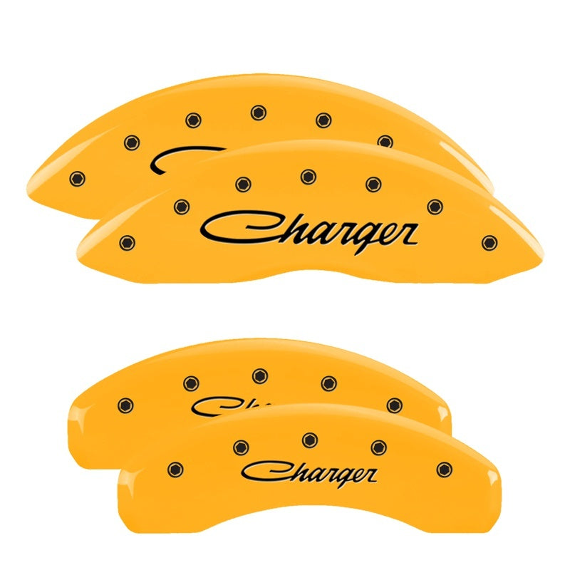 MGP 4 Caliper Covers Engraved Front & Rear Cursive/Charger Yellow finish black ch MGP