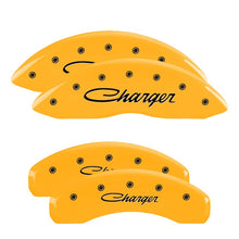 Load image into Gallery viewer, MGP 4 Caliper Covers Engraved Front &amp; Rear Cursive/Charger Yellow finish black ch MGP