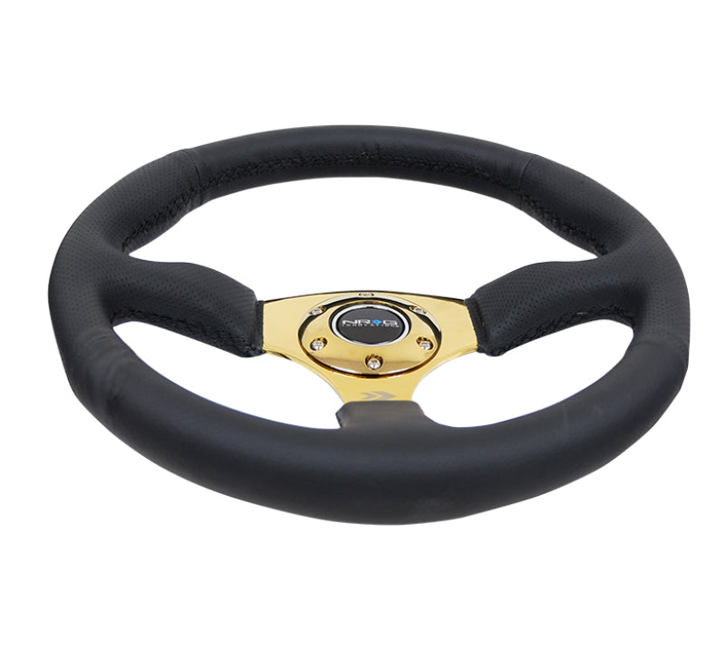 NRG Reinforced Steering Wheel 350mm Sport Leather Racing 2.5 Inch Deep Comfort Grip 4mm metal gold spoke - eliteracefab.com