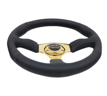 Load image into Gallery viewer, NRG Reinforced Steering Wheel 350mm Sport Leather Racing 2.5 Inch Deep Comfort Grip 4mm metal gold spoke - eliteracefab.com