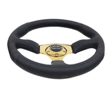 NRG Reinforced Steering Wheel 350mm Sport Leather Racing 2.5 Inch Deep Comfort Grip 4mm metal gold spoke - RST-023GD-R