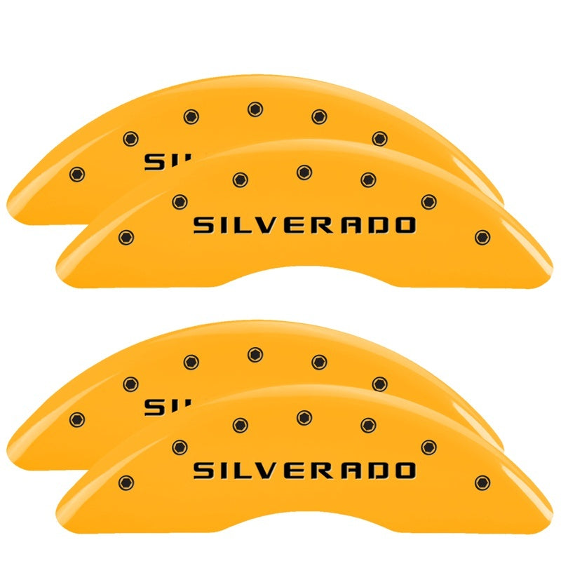 MGP 4 Caliper Covers Engraved Front & Rear Silverado Yellow finish black ch MGP