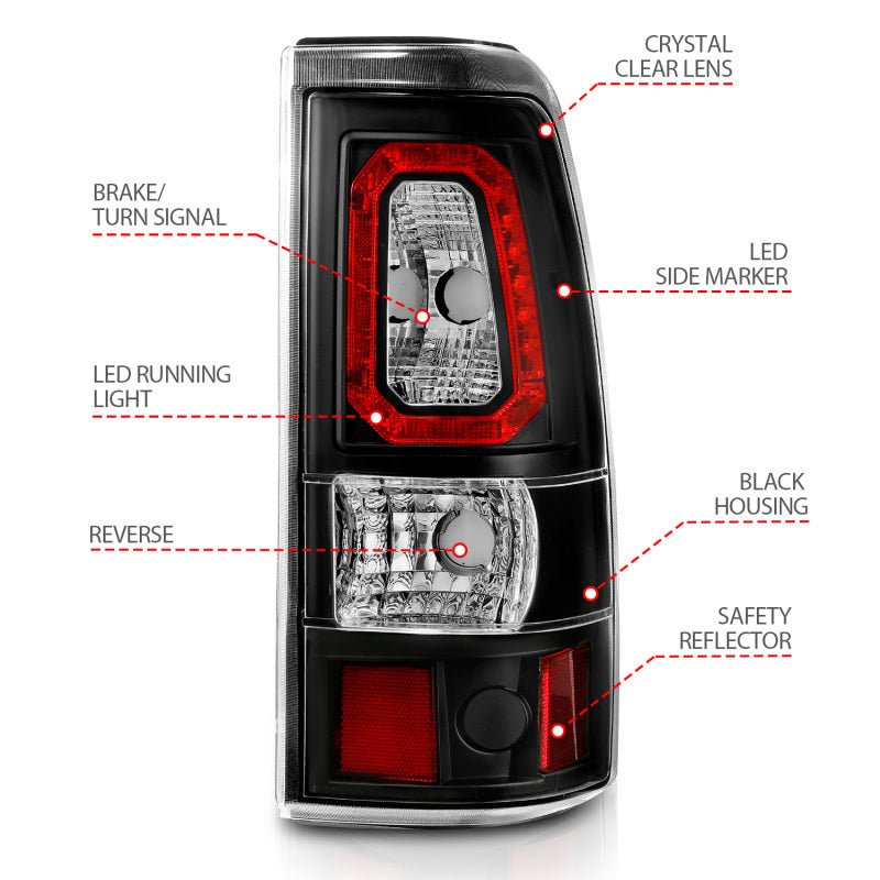 ANZO 1999-2002 Chevy Silverado 1500 LED Taillights Plank Style Black w/Clear Lens