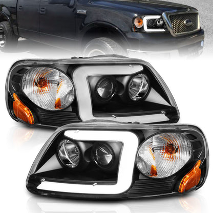 ANZO 1997-2003 Ford F-150 Projector Headlights w/ Light Bar Black Housing - eliteracefab.com