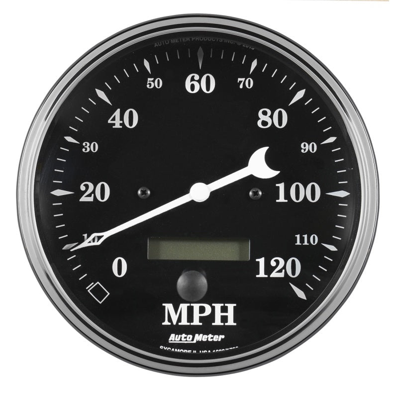 Auto Meter Gauge Speedo. 5in 120mph Elec. Prog. w/ LCD Odo Old Tyme Black 1789
