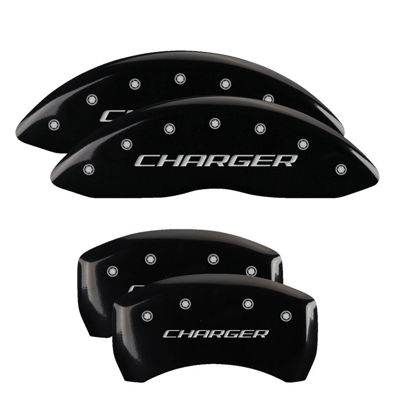 MGP 4 Caliper Covers Engraved Front & Rear Block/Charger Black finish silver ch MGP