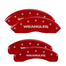 Load image into Gallery viewer, MGP 4 Caliper Covers Engraved Front &amp; Rear 2018 Jeep Wrangler Red Finish Silver Wrangler Logo