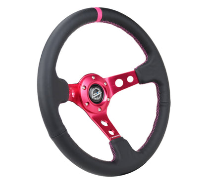 NRG Reinforced Steering Wheel (350mm/3in. Deep) Black Leather/ Fushia Center Mark/ Fushia Stitching - RST-006FH