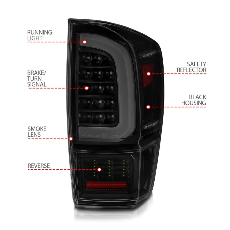 ANZO 16-21 Toyota Tacoma LED Tail Lights - w/ Light Bar Sequential Black Housing & Smoke Lens - eliteracefab.com