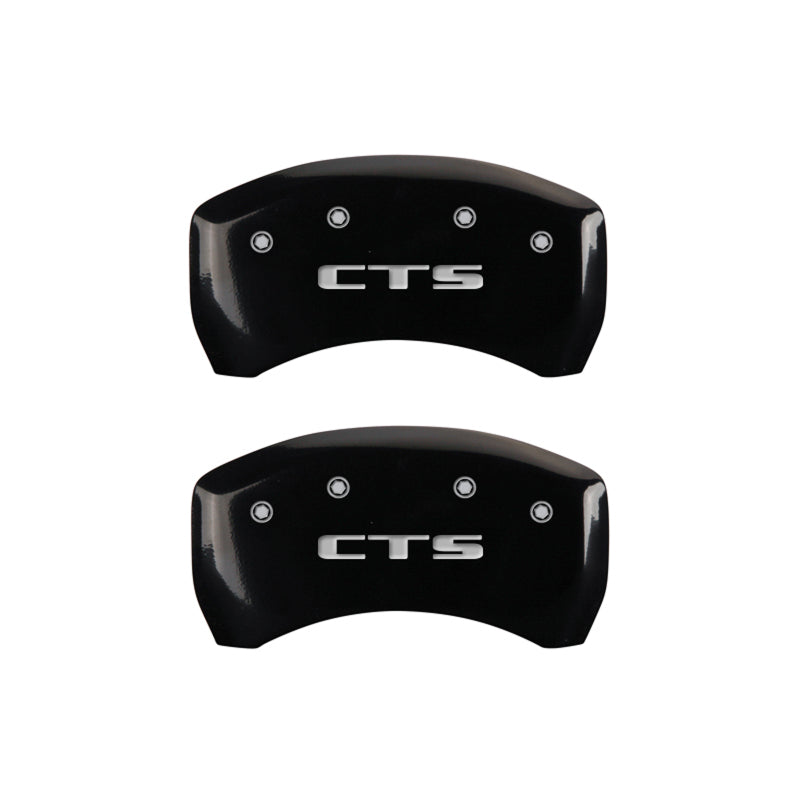 MGP 4 Caliper Covers Engraved Front Cursive/Cadillac Engraved Rear CTS Black finish silver ch MGP