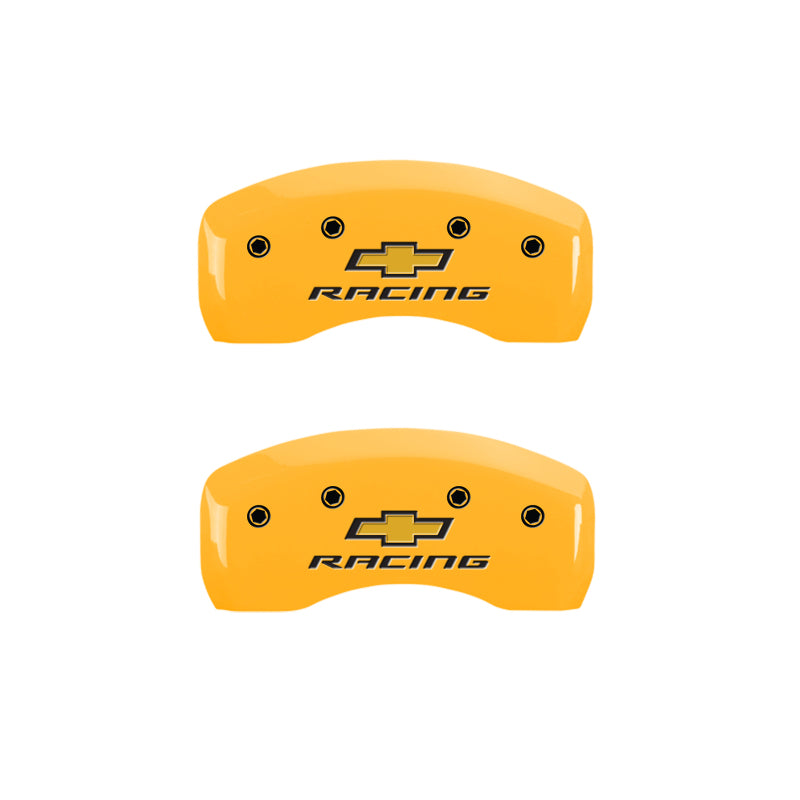 MGP 4 Caliper Covers Engraved Front & Rear Chevy Racing Yellow Power Coat Finish Black Characters MGP