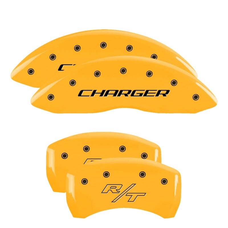 MGP 4 Caliper Covers Engraved Front Charger Engraved Rear RT Yellow finish black ch MGP