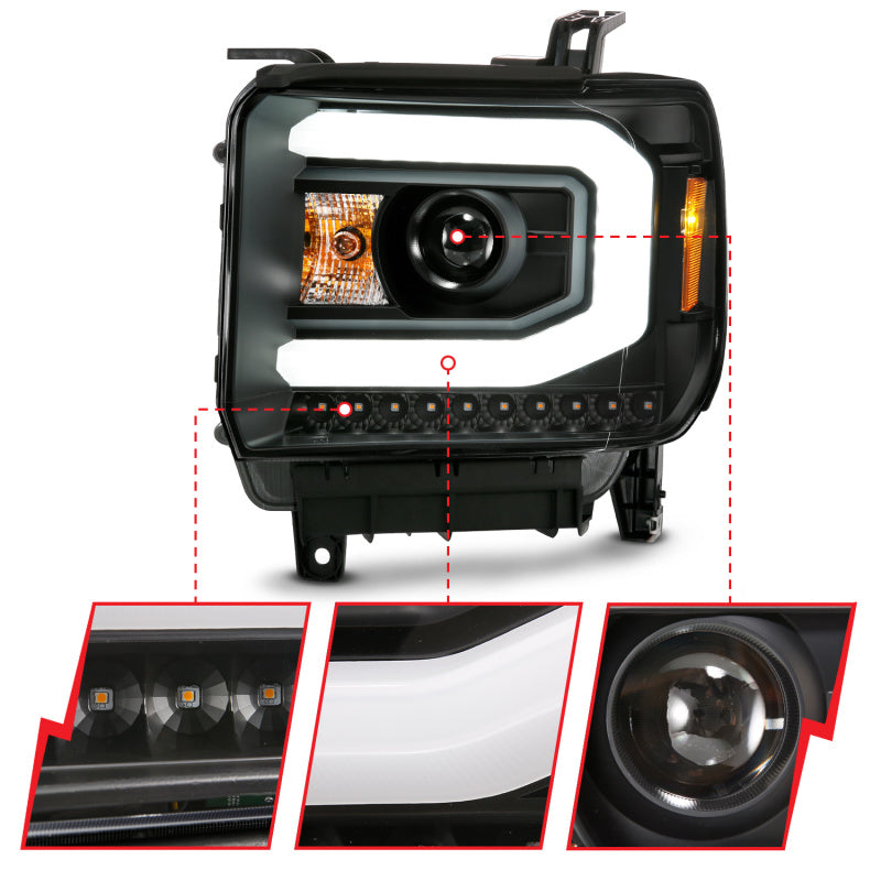 ANZO 2014-2015 Gmc Sierra 1500 Projector Headlight Plank Style Black w/ Switchback (Halogen Type) - eliteracefab.com