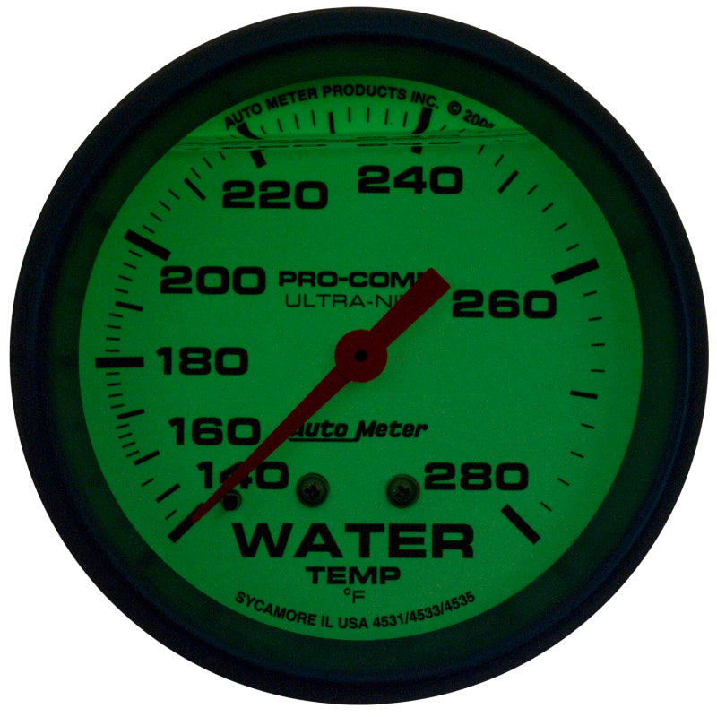 Autometer Ultra-Nite 2-5/8in 140-280 Degree Liquid Filled Mechanical Glow In Dark Water Temp Gauge 4231