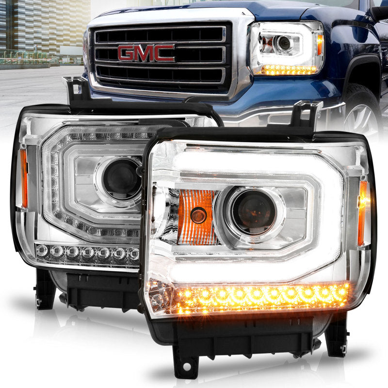 ANZO 2014-2015 Gmc Sierra 1500 Projector Headlights w/ Light Bar Chrome Housing (Halogen Type) - eliteracefab.com