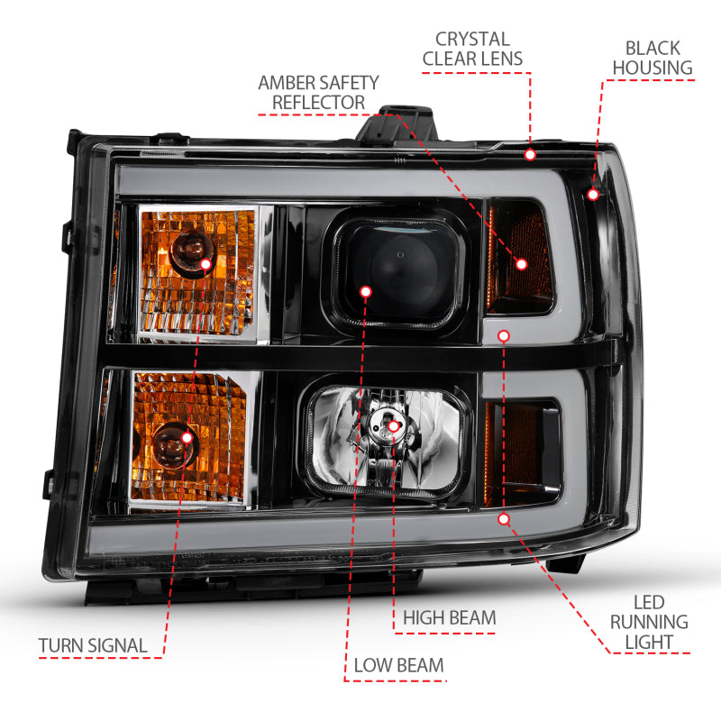 ANZO 2007-2013 Gmc Sierra 1500 Projector Headlight Plank Style Black w/ Clear Lens Amber - eliteracefab.com