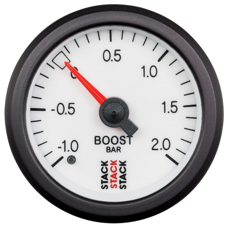 Autometer Stack 52mm -1 to +2 Bar T-Fitting 0.187in Barb (M) Mechanical Boost Pressure Gauge - White ST3161