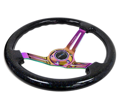 NRG Reinforced Classic Wood Grain Wheel 350mm 3-Spoke Slotted Center Neochrome Black Multi-Color Flake Wood - eliteracefab.com