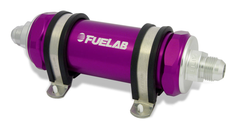 Fuelab 858 In-Line Fuel Filter Long -10AN In/Out 100 Micron Stainless w/Check Valve - Purple