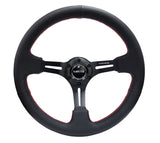 NRG Reinforced Sport Steering Wheel 350mm 3 Inch Deep Black Leather Red Stitching - RST-018R-RS