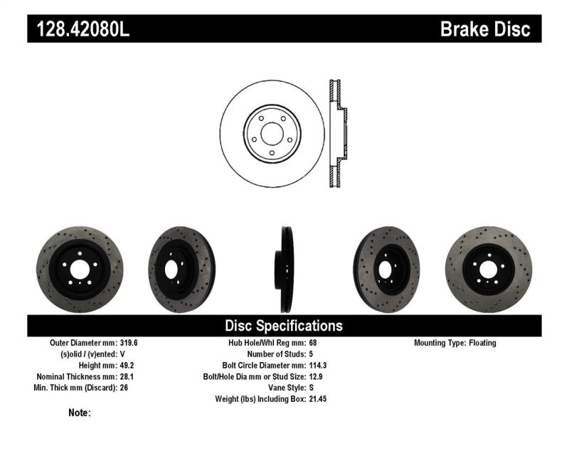 STOPTECH 08-09 INFINITI EX35 / 05-08 G35 / 09 G37 / 06-09 M35/M45 DRILLED LEFT FRONT ROTOR, 128.42080L - eliteracefab.com