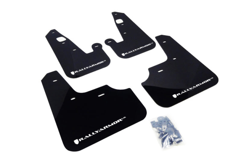 Rally Armor UR Mudflaps Urethane - Mitsubishi Lancer 2007-2012 - Black/White - eliteracefab.com