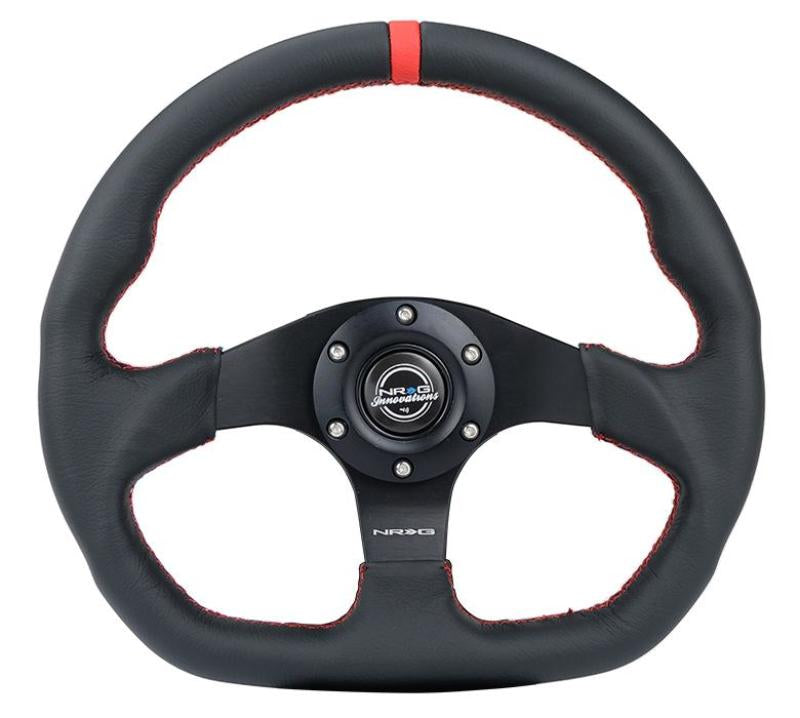 NRG Reinforced Steering Wheel (320mm) Sport Leather Flat Bottom w/ Red Center Mark/ Red Stitching - eliteracefab.com