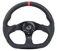 Load image into Gallery viewer, NRG Reinforced Steering Wheel (320mm) Sport Leather Flat Bottom w/ Red Center Mark/ Red Stitching - eliteracefab.com